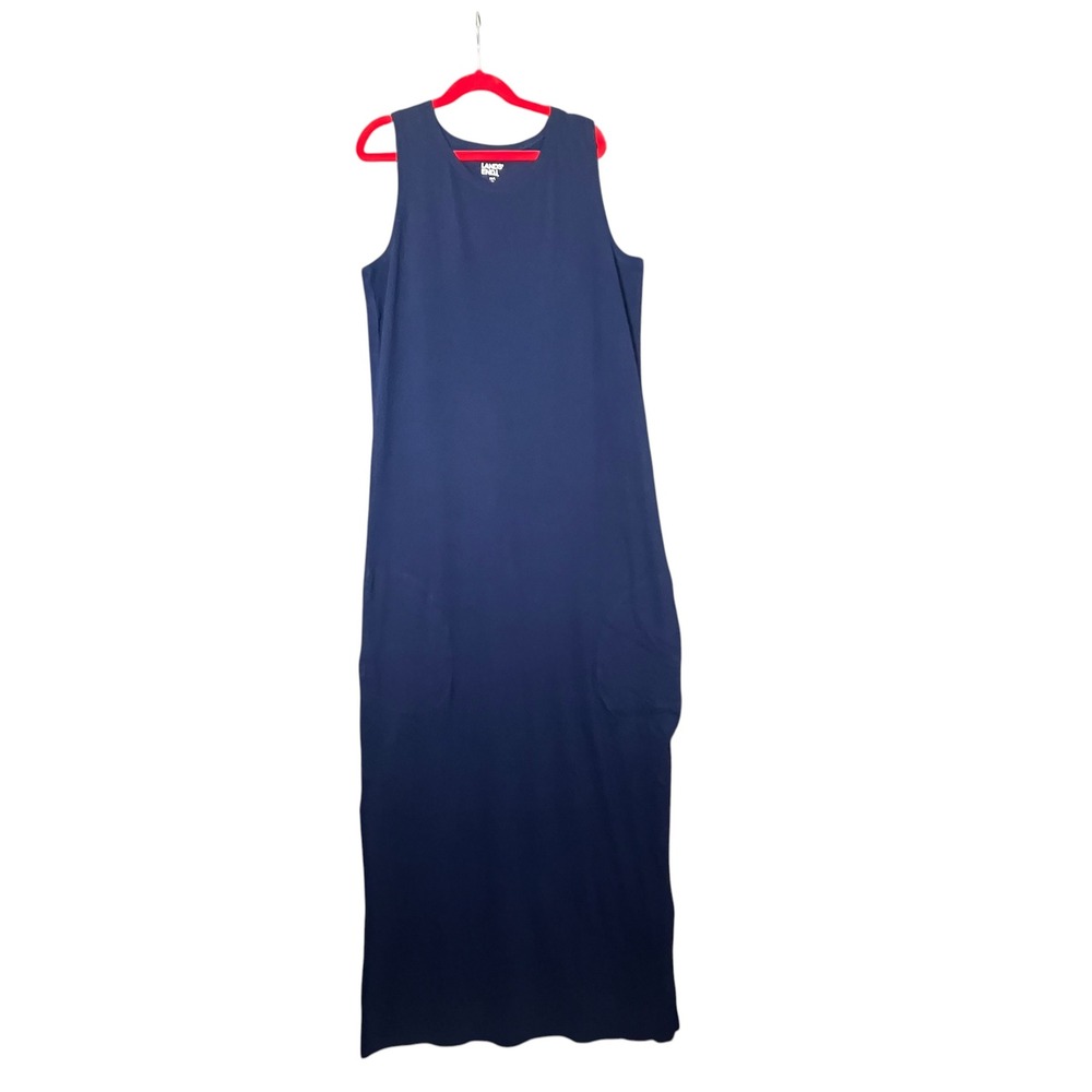 Lands End Navy Blue Cotton Sleeveless Maxi Dress Pockets XS Long Travel Everyday